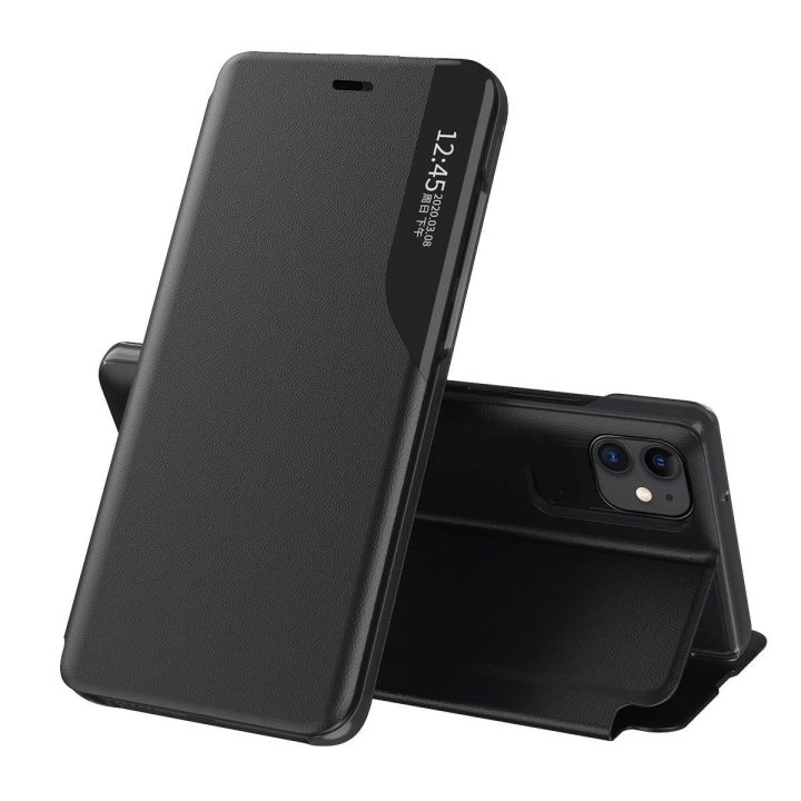 Eco Leather View Case elegantiškas knygų dėklo tipo dėklas su stovu iPhone 13 Pro , juodas