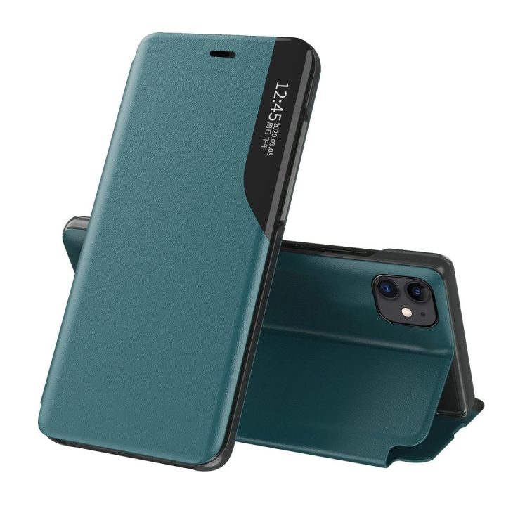 Eco Leather View Case elegantiškas knygų dėklo tipo dėklas su stovu iPhone 13 Pro , žalias
