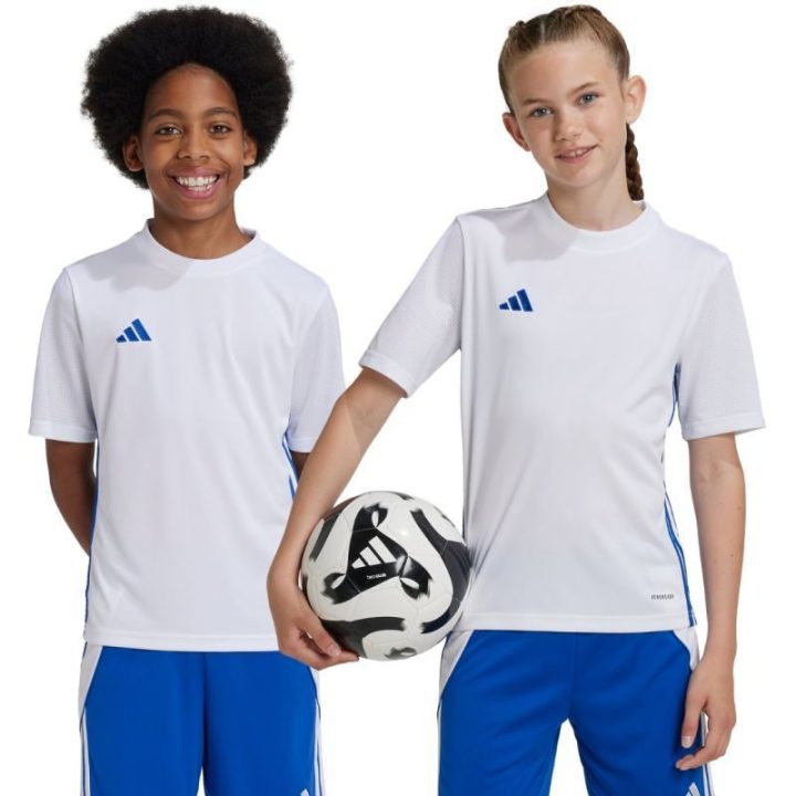 Vaikiški marškinėliai rungtynėms adidas Tabela 23, balti ir mėlyni