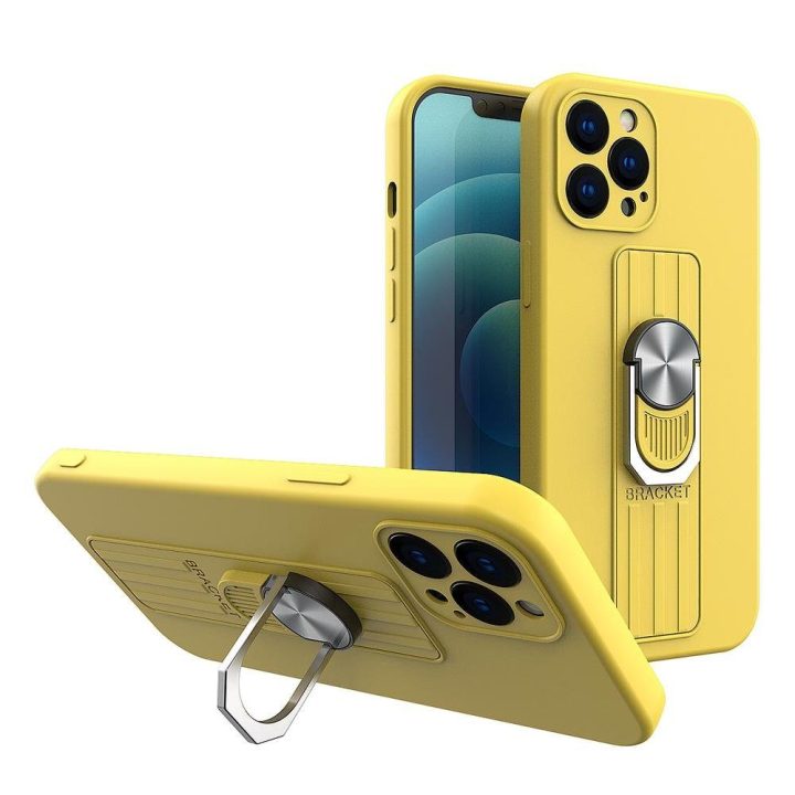 Žiedinis dėklas Silikoninis dėklas su pirštų laikikliu ir stovu iPhone 11 Pro Max geltonos spalvos