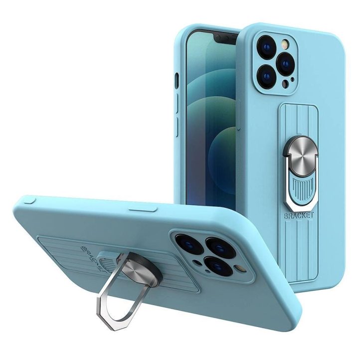 Žiedinis dėklas Silikoninis dėklas su pirštų laikikliu ir stovu iPhone 11 Pro Max šviesiai mėlynos spalvos