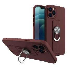Žiedinis dėklas Silikoninis dėklas su rankena pirštui ir stovu iPhone 13 mini rudos spalvos