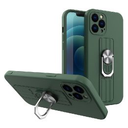 Žiedinis dėklas Silikoninis dėklas su rankena pirštui ir stovu, skirtas Samsung Galaxy A42 5G, tamsiai žalias