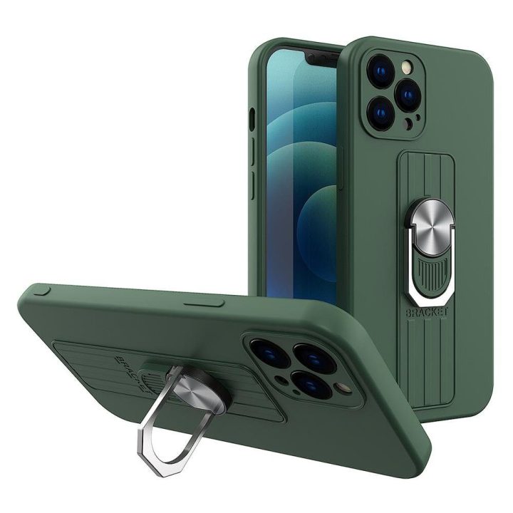 Žiedinis dėklas Silikoninis dėklas su rankena pirštui ir stovu, skirtas Samsung Galaxy A42 5G, tamsiai žalias