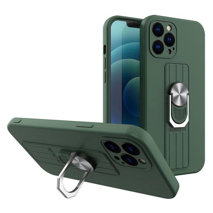 Žiedinis dėklas Silikoninis dėklas su rankena pirštui ir stovu, skirtas Samsung Galaxy A22 4G , tamsiai žalias