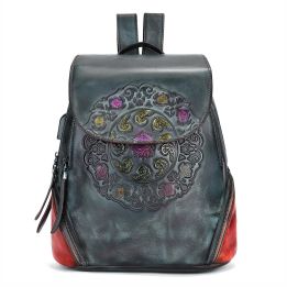 Odinė tamsiai žalia kuprinė su ornamentais kasdienai Gregorio