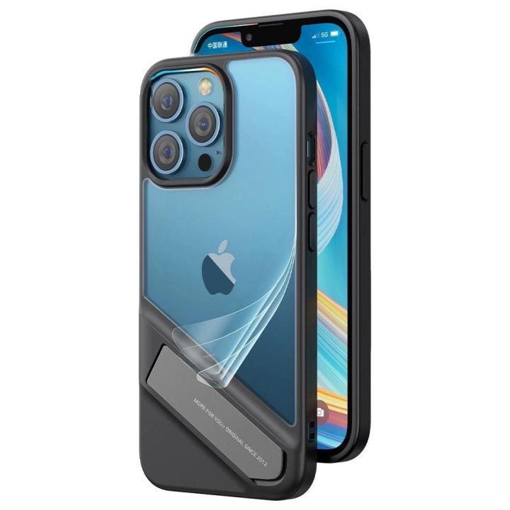 Fusion Kickstand dėklas iPhone 13 Pro kietasis dangtelis su geliniu rėmeliu ir stovu, juodas (90153)