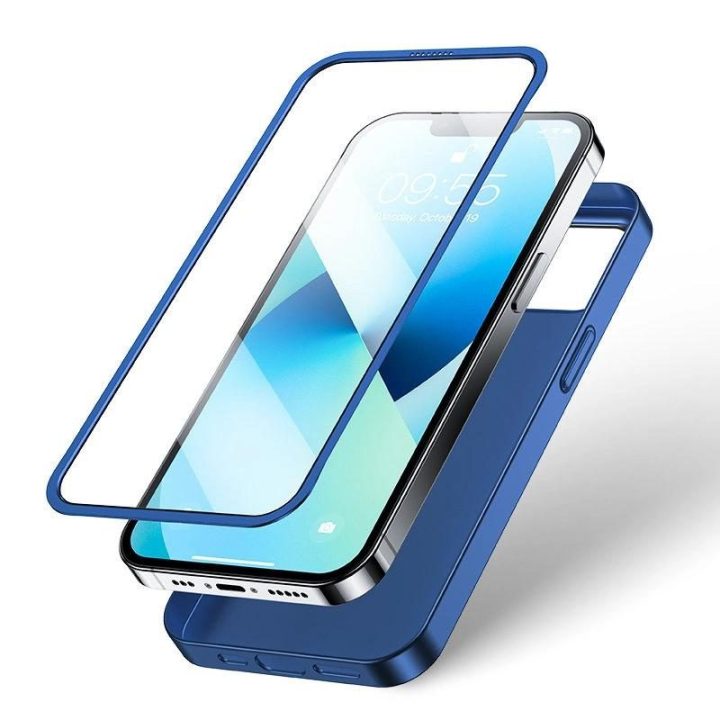 priekinis ir galinis dangtelis iPhone 13 + grūdinto stiklo ekrano apsauga mėlyna (JR-BP927 blue)