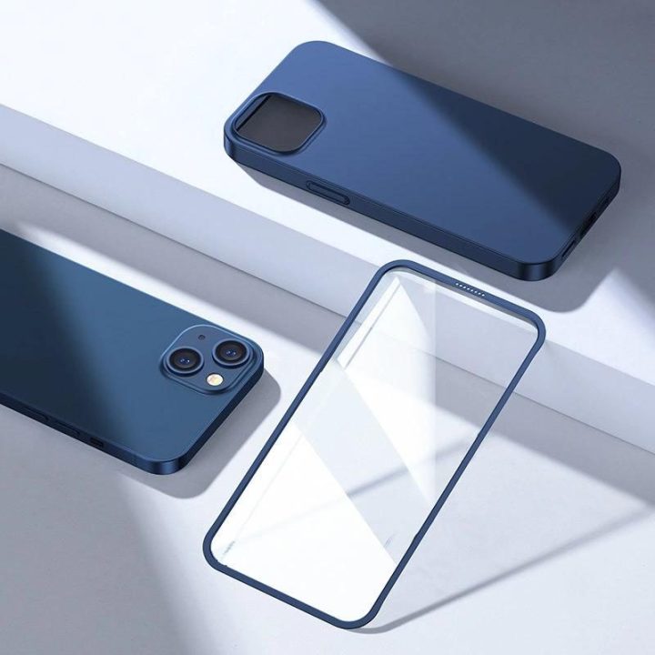 priekinis ir galinis dangtelis iPhone 13 + grūdinto stiklo ekrano apsauga mėlyna (JR-BP927 blue)