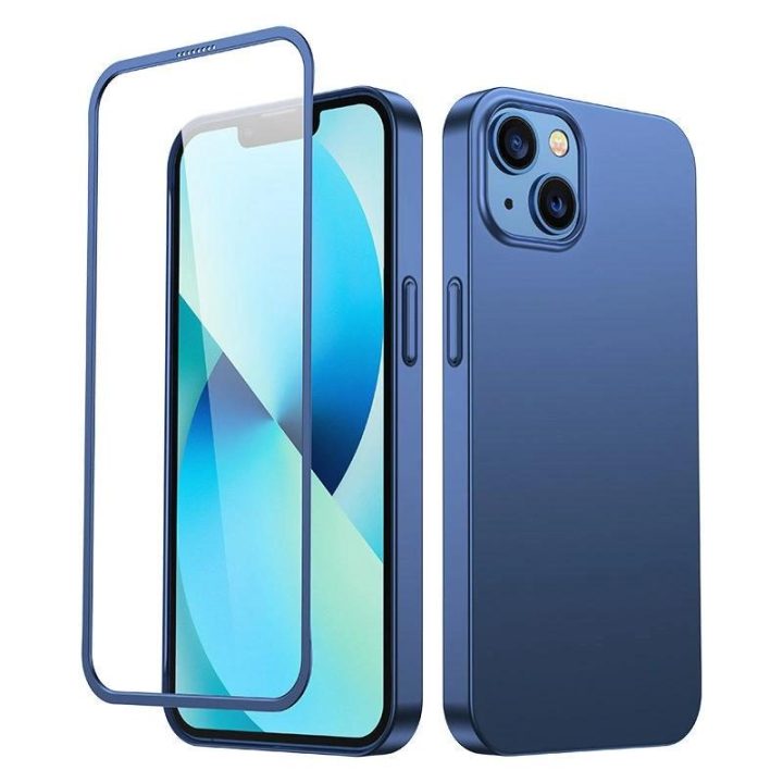 priekinis ir galinis dangtelis iPhone 13 + grūdinto stiklo ekrano apsauga mėlyna (JR-BP927 blue)