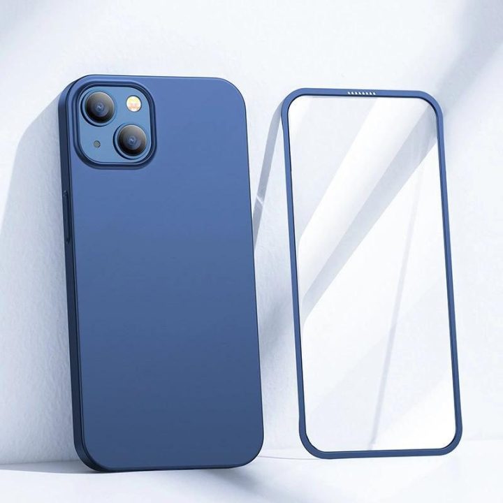 priekinis ir galinis dangtelis iPhone 13 + grūdinto stiklo ekrano apsauga mėlyna (JR-BP927 blue)