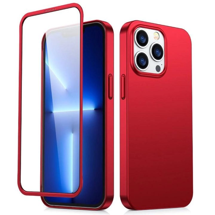 priekinis ir galinis dangtelis iPhone 13 Pro Max + grūdinto stiklo ekrano apsauga raudona (JR-BP928 red)