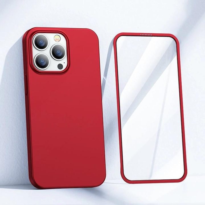 priekinis ir galinis dangtelis iPhone 13 Pro Max + grūdinto stiklo ekrano apsauga raudona (JR-BP928 red)