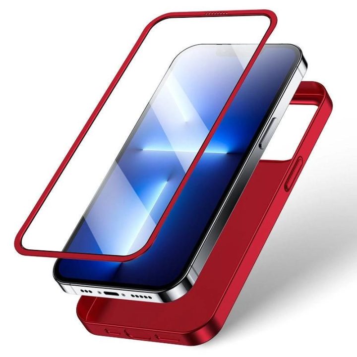 priekinis ir galinis dangtelis iPhone 13 Pro Max + grūdinto stiklo ekrano apsauga raudona (JR-BP928 red)