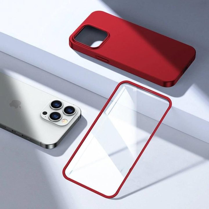 priekinis ir galinis dangtelis iPhone 13 Pro Max + grūdinto stiklo ekrano apsauga raudona (JR-BP928 red)