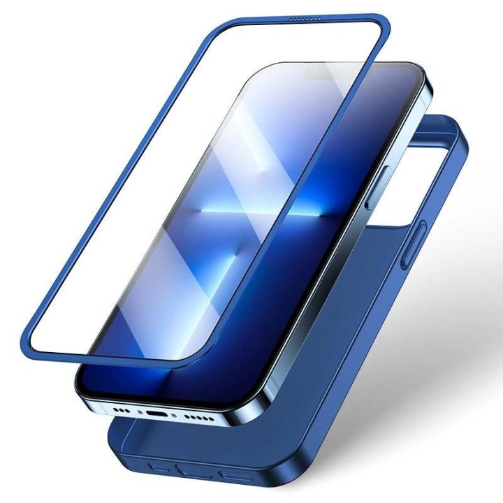 priekinis ir galinis dangtelis iPhone 13 Pro Max + grūdinto stiklo ekrano apsauga mėlyna (JR-BP928 blue)