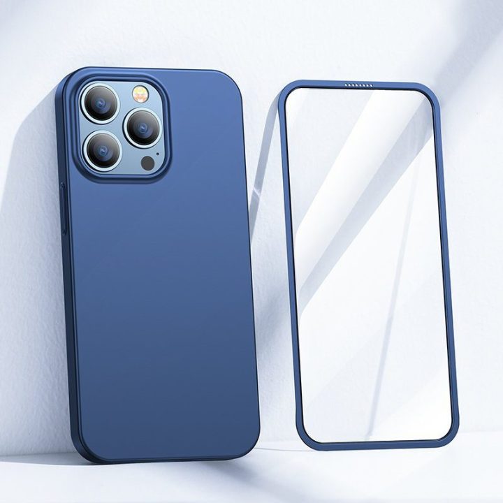 priekinis ir galinis dangtelis iPhone 13 Pro + grūdinto stiklo ekrano apsauga mėlyna (JR-BP935 blue)