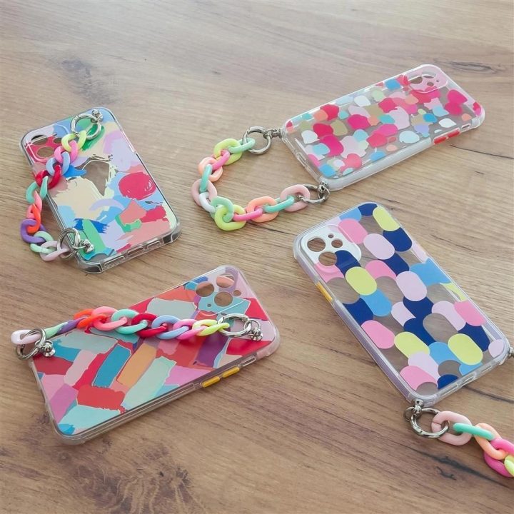 Spalvotas grandininis dėklas gelinis lankstus elastinis dėklas su grandinėlės pakabuku, skirtas Samsung Galaxy A22 4G , įvairias