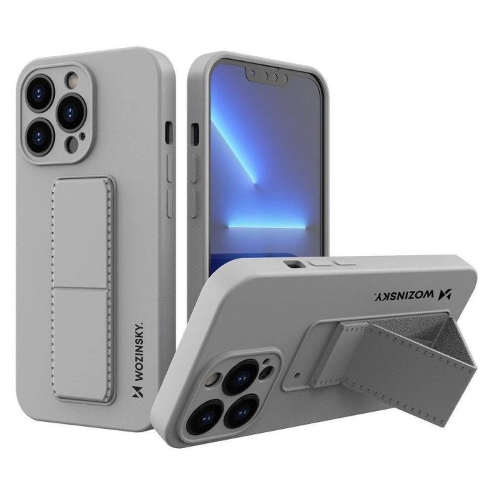 Silikoninis dėklas su stovu iPhone 13 mini pilkas