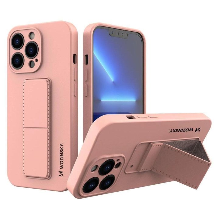iPhone 13 mini rausvas silikoninis dėklas su stovu