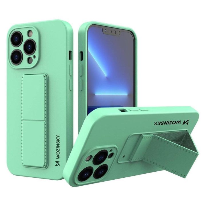 Silikoninis dėklas su stovu iPhone 13 mini mėtų spalvos korpusui