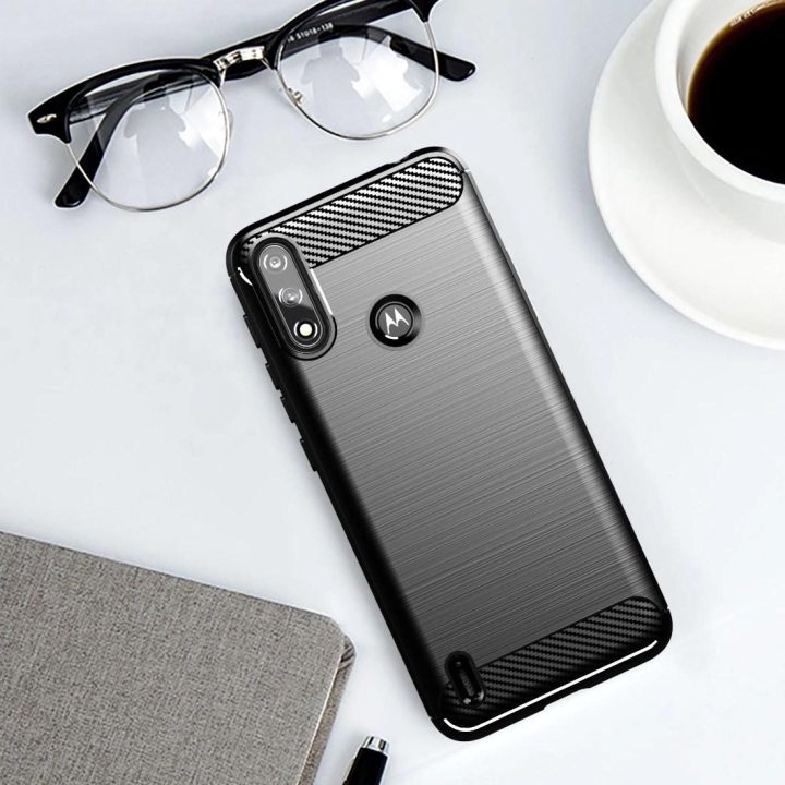 Carbon Case Lankstus dangtelis rankovė Motorola Moto E7i Power juodos spalvos