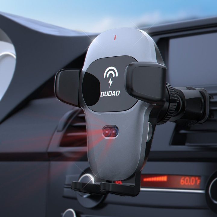 Automobilinis laikiklis su įmontuotu Qi belaidžiu įkrovikliu 15W pilka (F20xs)