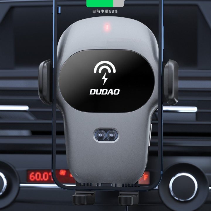 Automobilinis laikiklis su įmontuotu Qi belaidžiu įkrovikliu 15W pilka (F20xs)