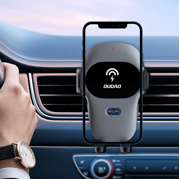 Automobilinis laikiklis su įmontuotu Qi belaidžiu įkrovikliu 15W pilka (F20xs)