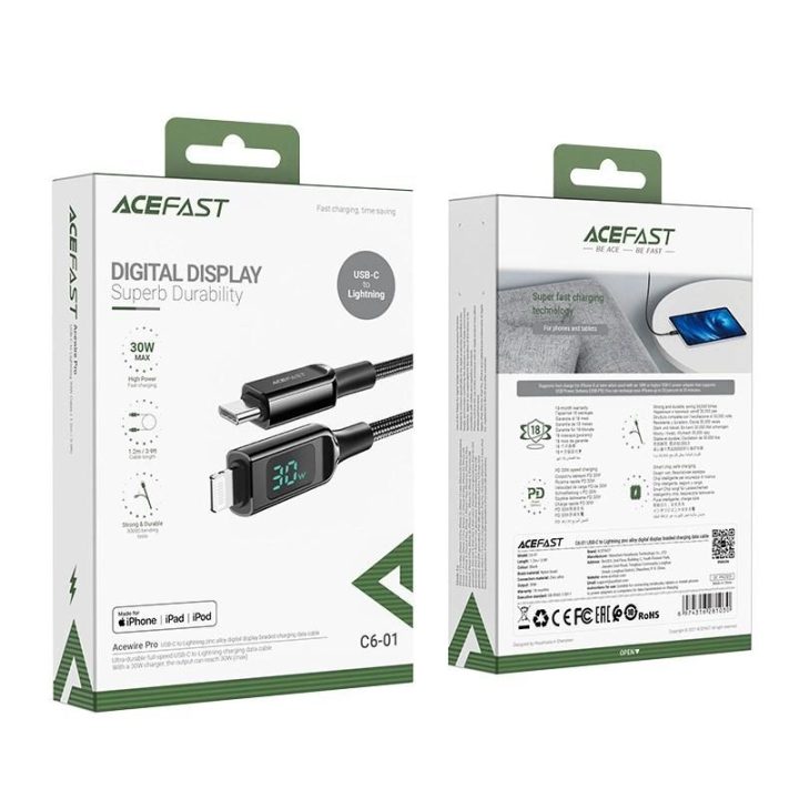 Acefast kabelis MFI USB Type C - Lightning 1,2 m, 30 W, 3A, juodas (C6-01 Black)