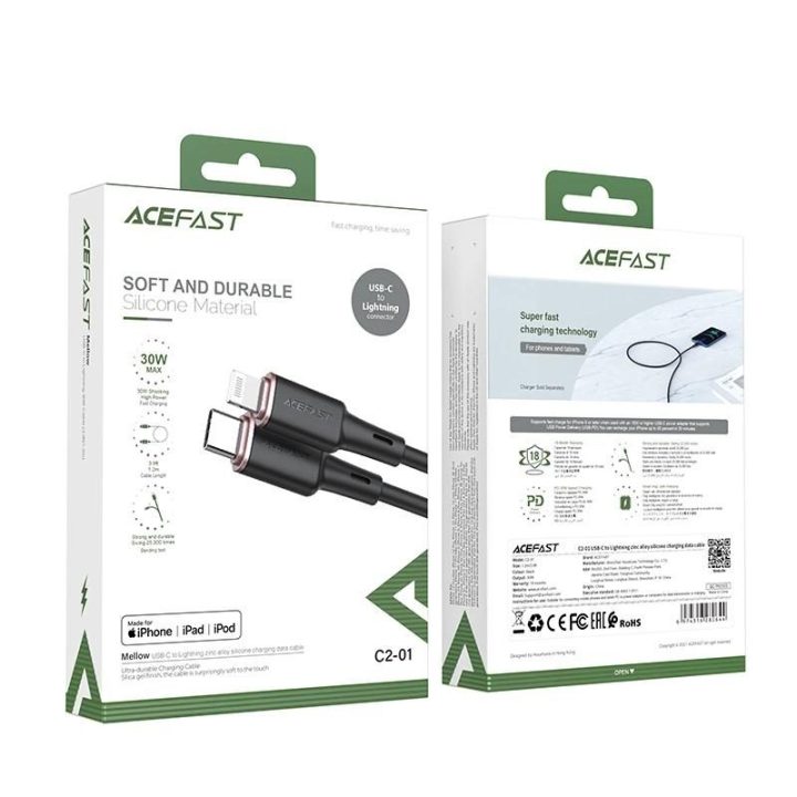 Acefast kabelis MFI USB Type C - Lightning 1,2 m, 30 W, 3A, juodas (C2-01 black)