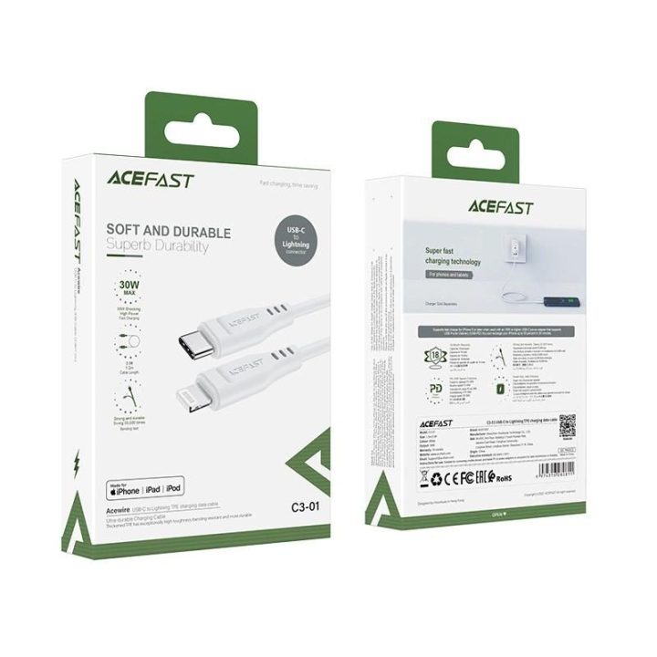 Acefast kabelis MFI USB Type C - Lightning 1,2 m, 30 W, 3A, baltas (C3-01 baltas)