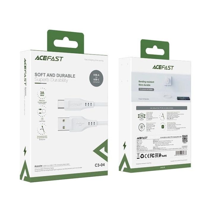 Acefast USB kabelis - C tipo USB 1,2 m, 3A, baltas (C3-04 baltas)