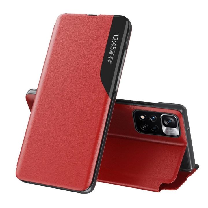 Eco Leather View dėklas Elegantiškas atlenkiamas dangtelis su stovo funkcija Poco M4 Pro 5G raudonos spalvos