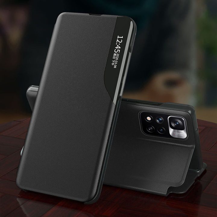 Eco Leather View dėklas Elegantiškas atlenkiamas dangtelis su stovo funkcija Poco M4 Pro 5G Blue