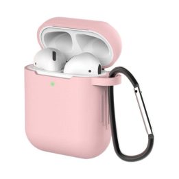 AirPods 2 / AirPods 1 silikoninis minkštas dėklas ausinėms + raktų pakabukas su karabinu rožinės spalvos (D dėklas)