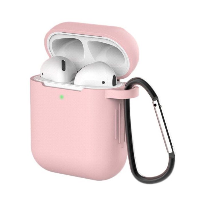 AirPods 2 / AirPods 1 silikoninis minkštas dėklas ausinėms + raktų pakabukas su karabinu rožinės spalvos (D dėklas)