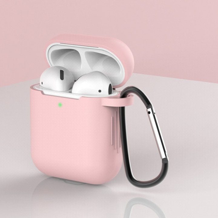 AirPods 2 / AirPods 1 silikoninis minkštas dėklas ausinėms + raktų pakabukas su karabinu rožinės spalvos (D dėklas)