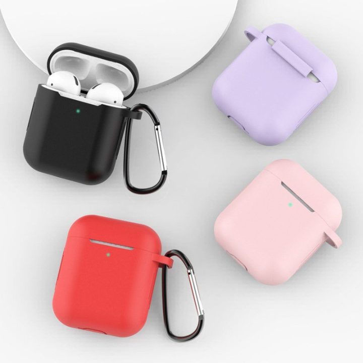 AirPods 2 / AirPods 1 silikoninis minkštas dėklas ausinėms + raktų pakabukas su karabinu rožinės spalvos (D dėklas)