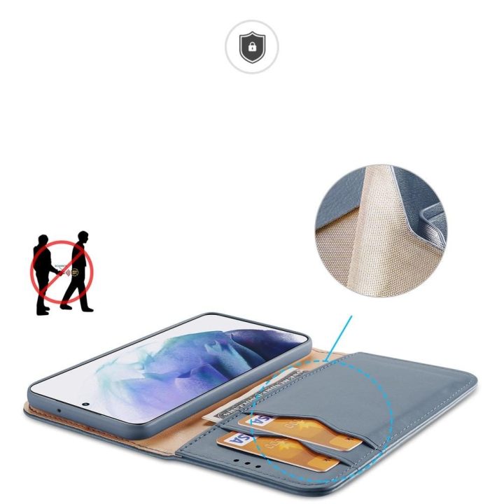 Odinis atlenkiamas dangtelis Tikros odos piniginė kortelėms ir dokumentams Samsung Galaxy S22 + (S22 Plus) mėlyna