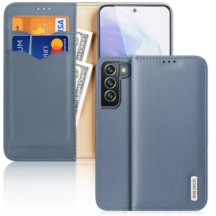 Odinis atlenkiamas dangtelis Tikros odos piniginė kortelėms ir dokumentams Samsung Galaxy S22 + (S22 Plus) mėlyna