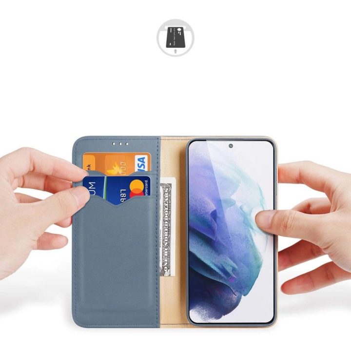 Odinis atlenkiamas dangtelis Tikros odos piniginė kortelėms ir dokumentams Samsung Galaxy S22 + (S22 Plus) mėlyna