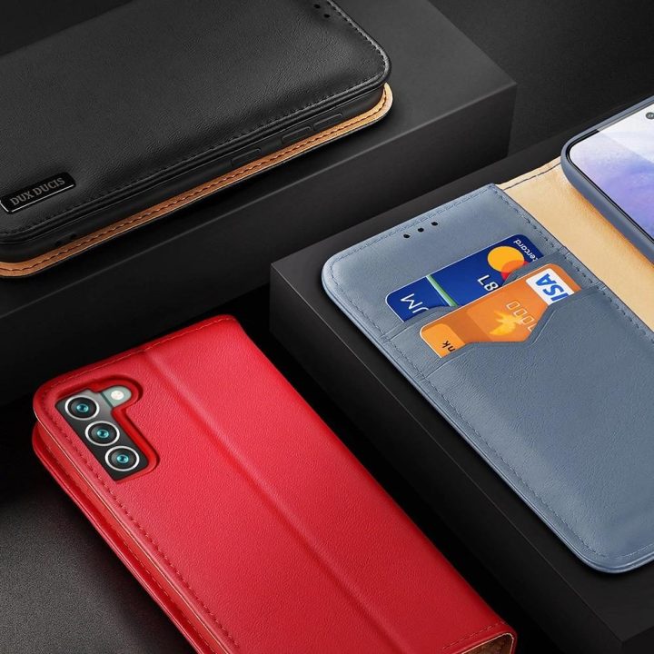 Odinis atlenkiamas dangtelis Tikros odos piniginė kortelėms ir dokumentams Samsung Galaxy S22 + (S22 Plus) mėlyna