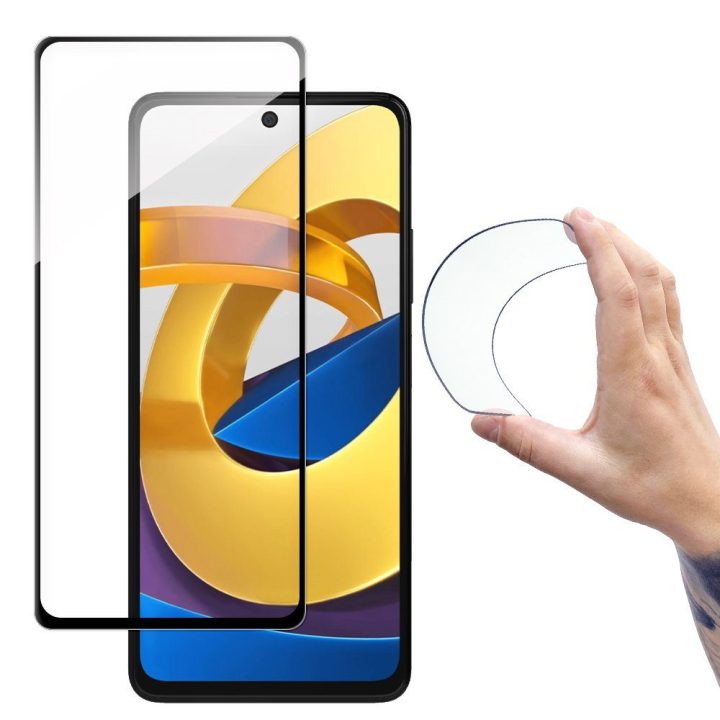 Pilnas dangtelis Flexi Nano stiklo plėvelė Grūdintas stiklas su rėmeliu Xiaomi Poco M4 Pro 5G Skaidrus