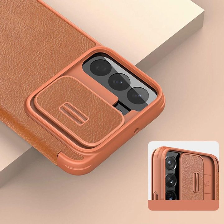 Nillkin Qin Leather Pro Case dėklas, skirtas Samsung Galaxy S22 + (S22 Plus) fotoaparato apsauginis dėklas su dėklu, apverčiamas