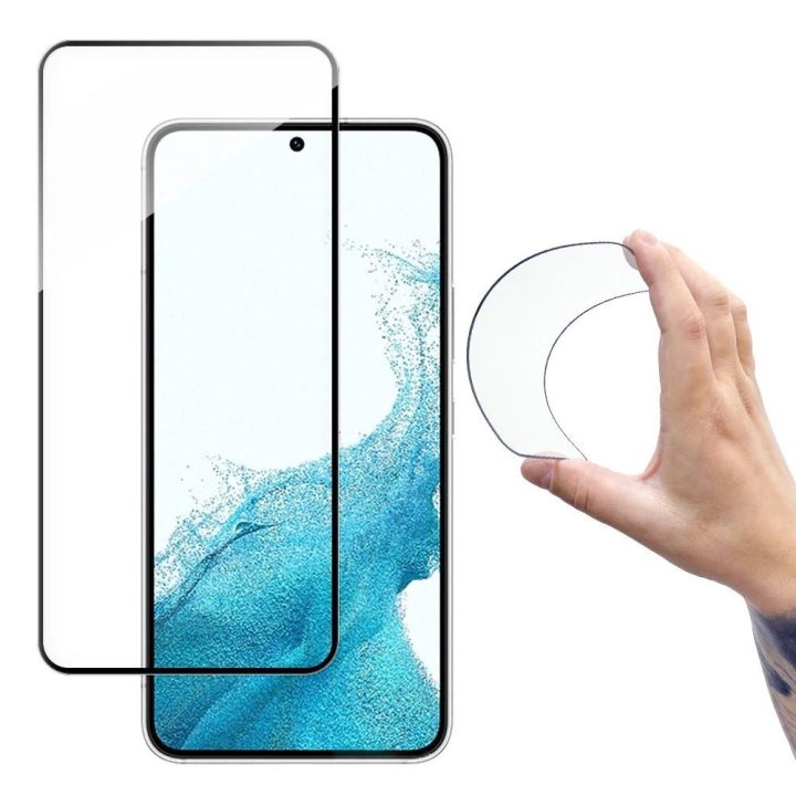 Pilnas dangtelis Flexi Nano Glass plėvelė Grūdintas stiklas su rėmeliu Samsung Galaxy S22 + (S22 Plus) , skaidrus