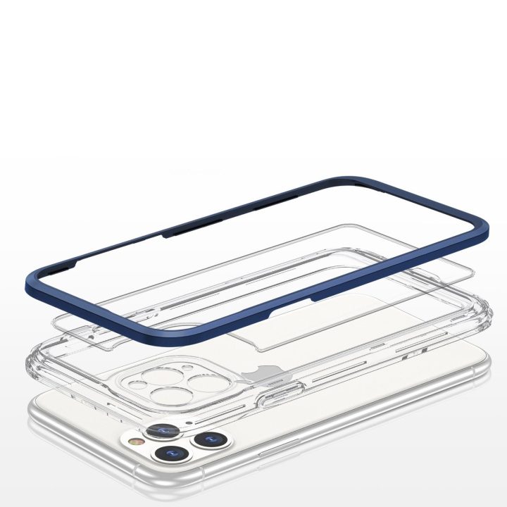 Skaidrus 3in1 dėklas iPhone 11 Pro Max su mėlynu rėmeliu ir gelio dangteliu