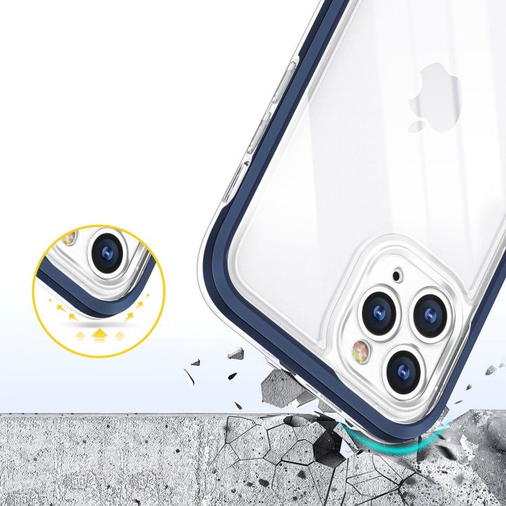 Skaidrus 3in1 dėklas iPhone 11 Pro Max su mėlynu rėmeliu ir gelio dangteliu