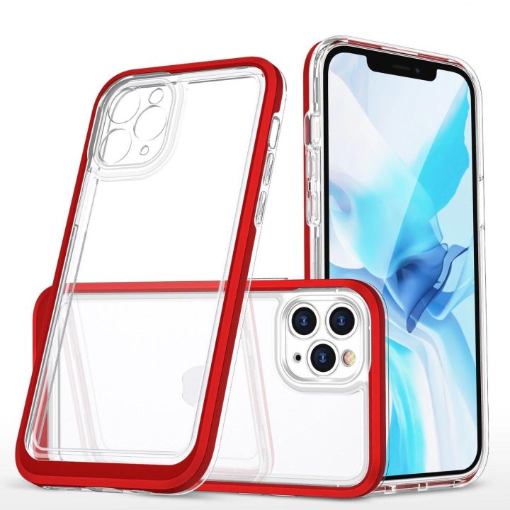 Skaidrus iPhone 11 Pro Max 3v1 korpusas su rėmeliu, gelinis raudonas