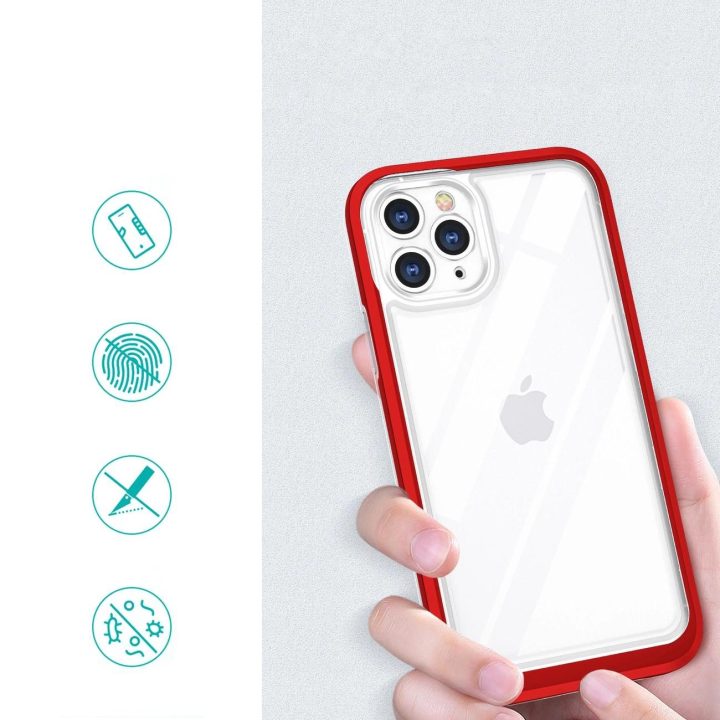 Skaidrus iPhone 11 Pro Max 3v1 korpusas su rėmeliu, gelinis raudonas